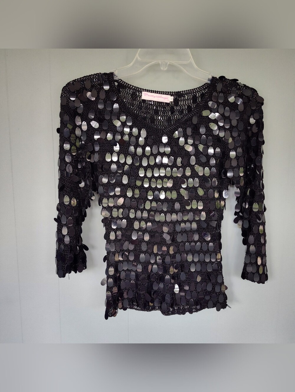 Vintage Sequined Crochet Knit Top in Black - Fits Small